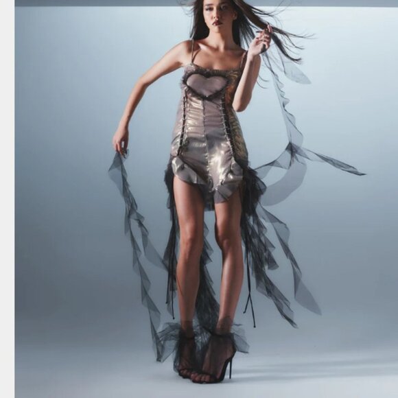 New AMOR MIA Mirrored Heart Dress in Gold & Black metallic asymmetrical mini - Picture 2 of 9